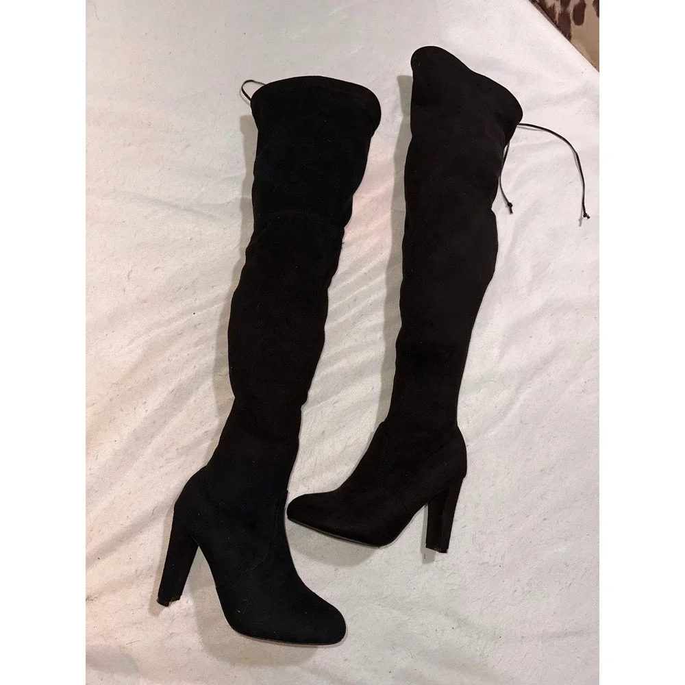 Womens Black Faux Suede Over The Knee Thigh High Block Heel Boots Size 8.5